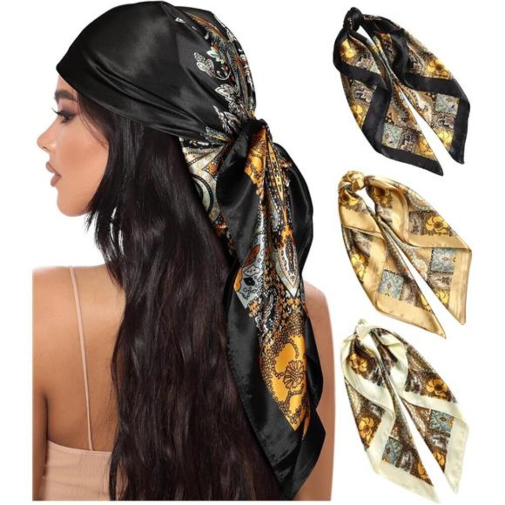 Womens Satin Head Scarf 3 Pcs Large Square Silk Feeling Hair Wrap Bandana